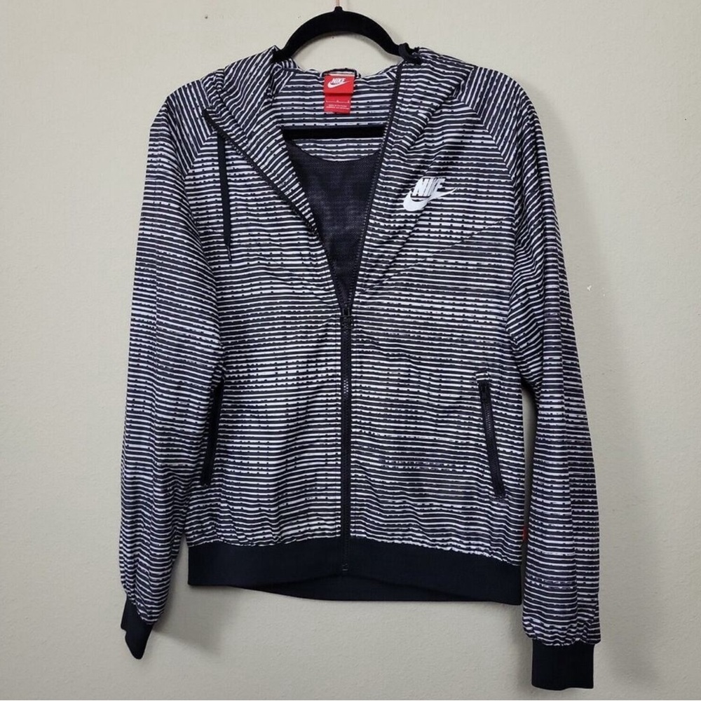 Nike Womens Black White Striped Lone Sleeve Full Zip Hooded Windbreaker Size L